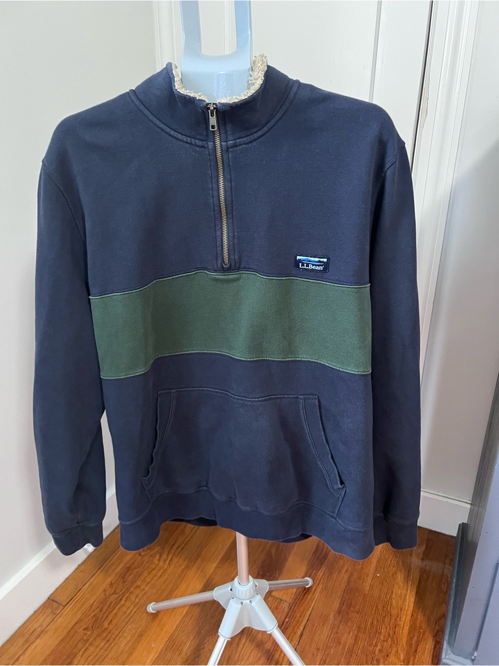 L.L. Bean Men's Navy Half-Zip Pullover with green Stripe